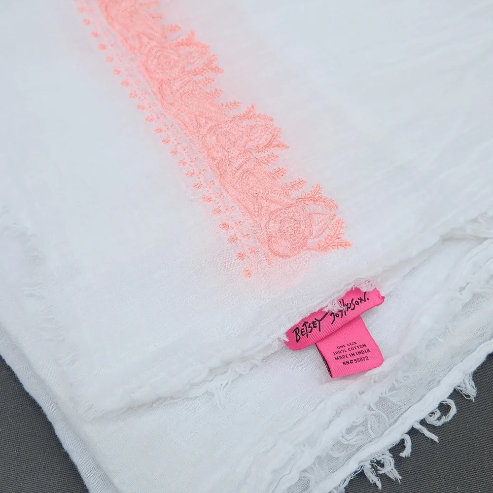 Betsey Johnson Scarf Wrap 100% Cotton Floral White with Pink Embroidery